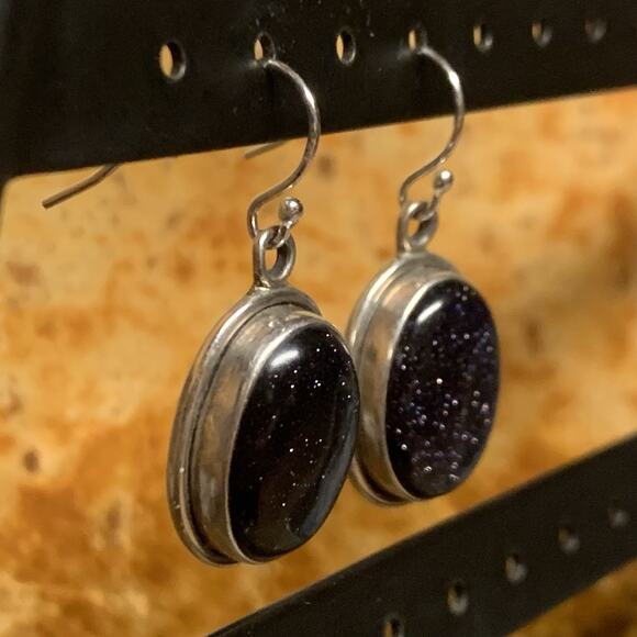 Sterling Silver and Blue Goldstone Earrings Vintage - Picture 5 of 7
